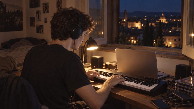 The boy at his keyboard at night