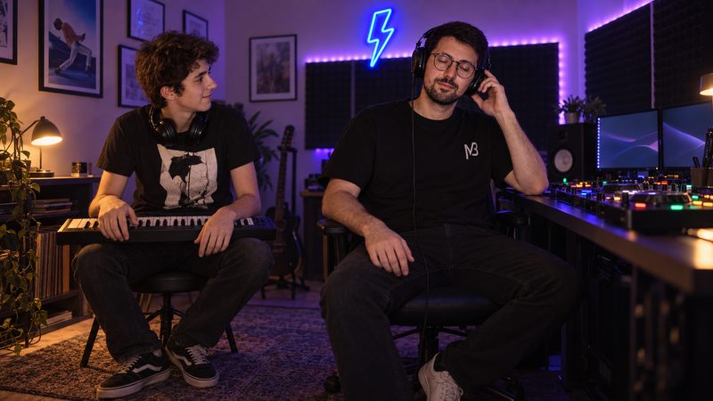 The man and the boy in the same studio